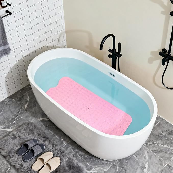 Anti-Slip Bathtub Shower mat, 39.3×15.7 inch（Approximately 100 × 40cm） Soft Oversized Machine Washable Non-Slip Bathtub mat with Drainage Holes, Bathroom Floor Suction Cup.（1-Clear Pink）