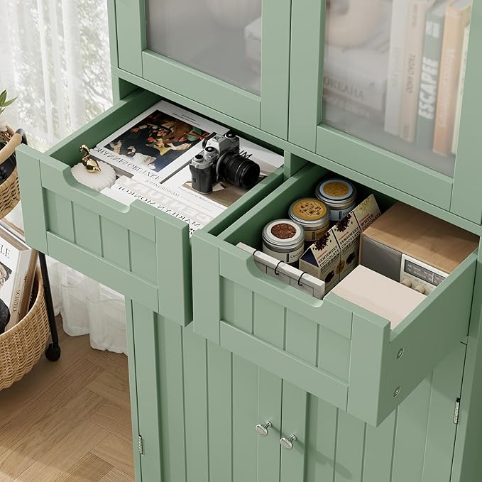 HORSTORS 67" Tall Bathroom Storage Cabinet, Freestanding Storage Cabinet with Glass Door and Shelves, Kitchen Pantry Linen Cabinet with 2 Drawers for Bathroom, Living Room, Dining Room, Green