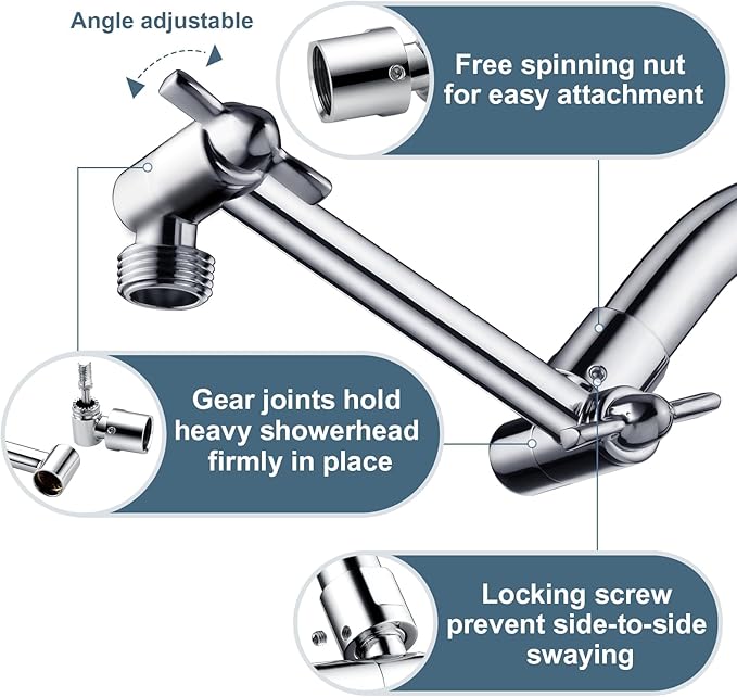 BRIGHT SHOWERS Brass Shower Arm Extender for Rain and Handheld Shower Head, 5 Inch Universal Shower Head Extension Arm, Height & Angle Adjustable, Chrome
