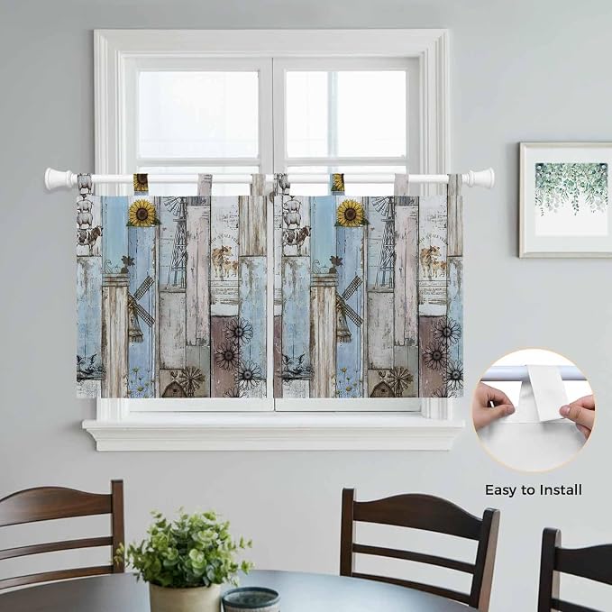 Blue Grey Wooden Kitchen Curtains 36 Inch Length, Small Window Curtains Tab Top - Image 4