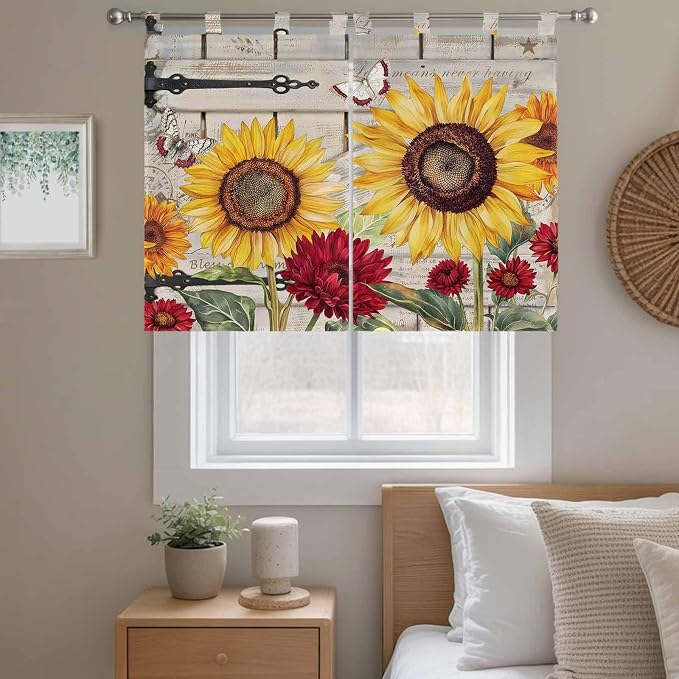 Red Yellow Sunflowers Bedroom Curtains 63 Inch Length, Window Curtains Tab Top - Image 9