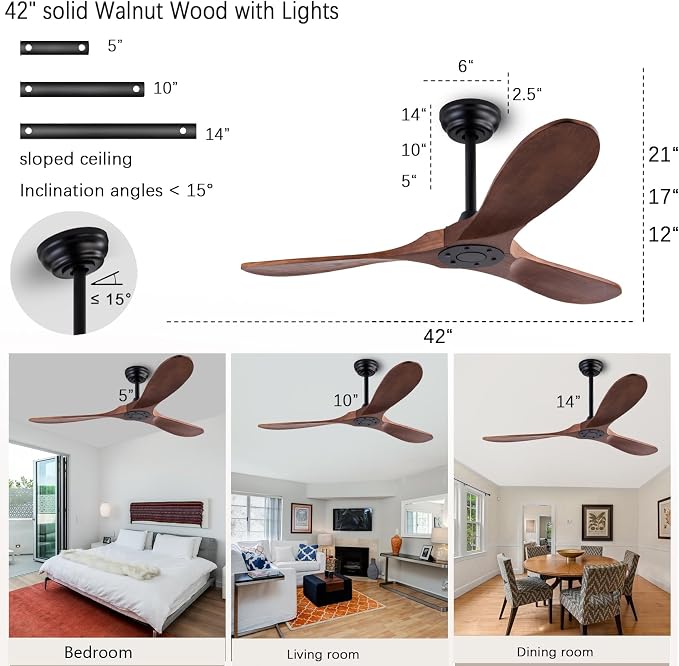 QUTWOB 42" Wood Ceiling Fan No Lights - Image 2