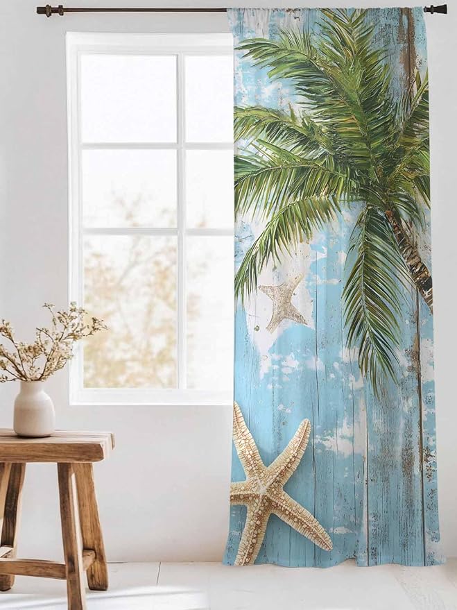 Sheer Curtains 84 Inches Long, Coastal Beach Blue Semi Sheer Curtains Light - Image 3