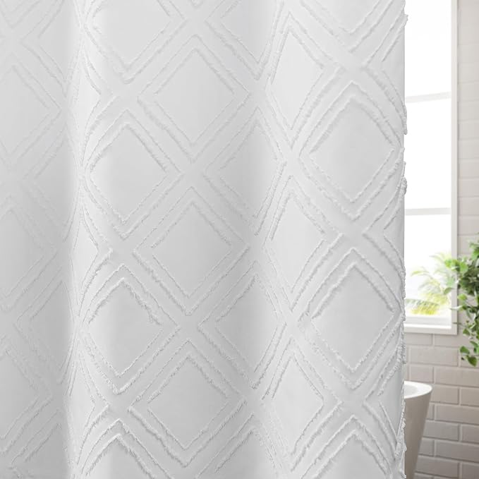 ROSERY No Hook Shower Curtain with Snap in Fabric Liner Set, Boho Farmhouse Jacquard Tufted Geometric Striped Shower Curtain for Bathroom with Tassel, Diamond Pattern, 71" W x 74" L