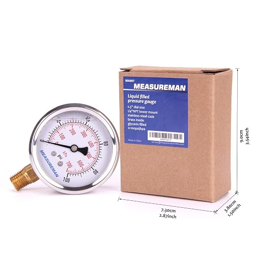 MEASUREMAN Pressure Gauge 1/4 NPT, 0-100psi/kPa Glycerin Filled Pressure Gauge - Image 6