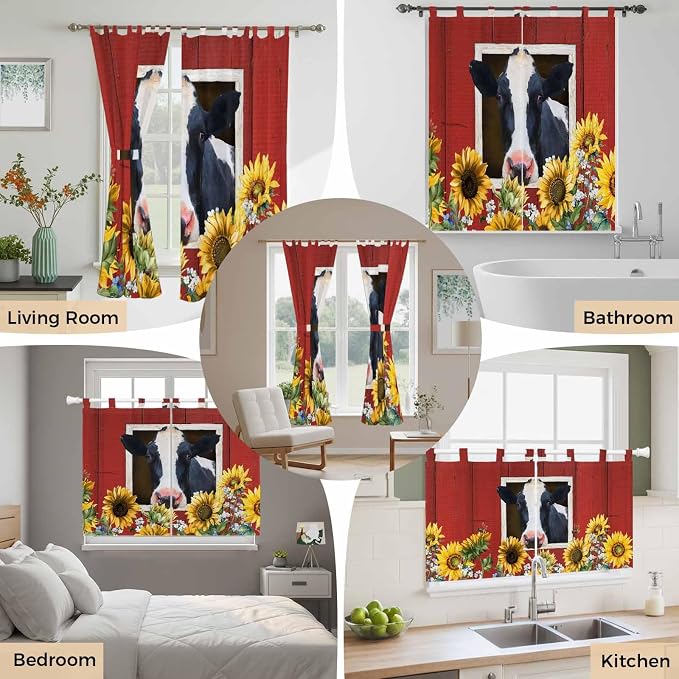 Cow Sunflowers Living Room Curtains 96 Inch Length, Window Curtains Tab Top - Image 7
