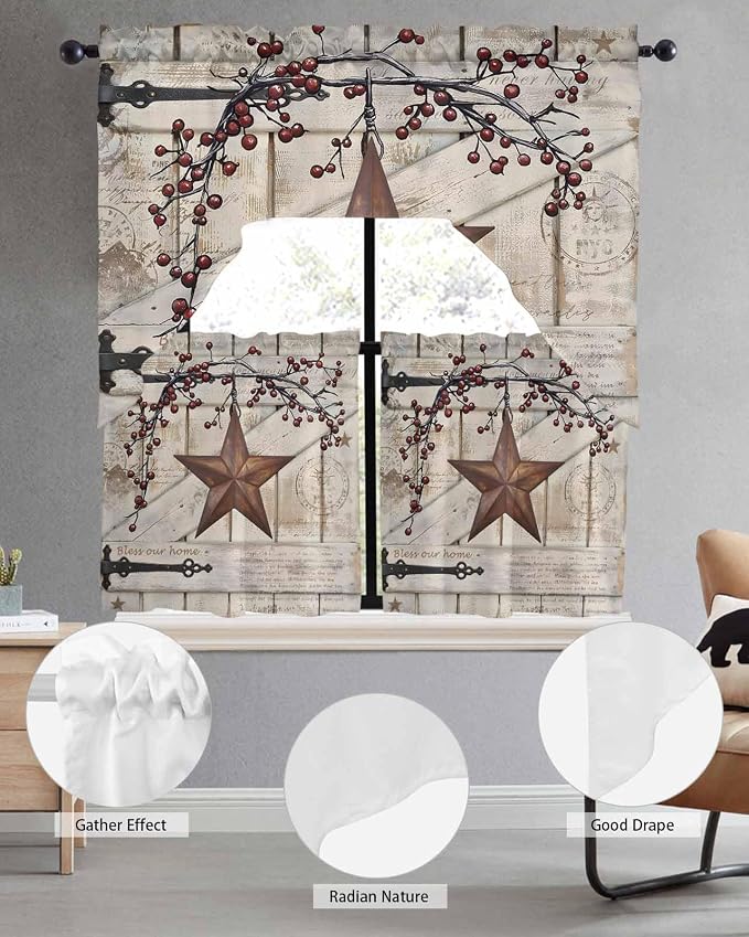 Village Stars Swag Kitchen Curtains Valance and Tier Set, Vintage Rust Yellow - Image 5