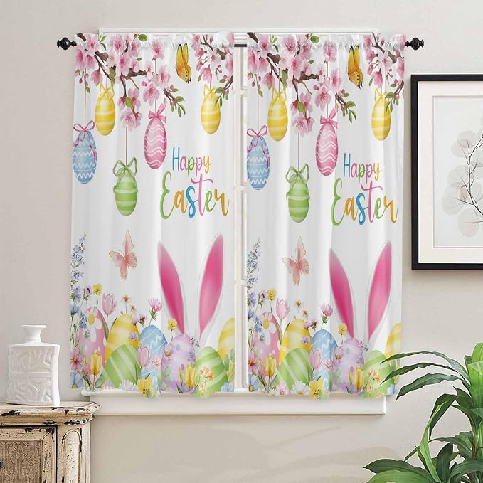 Happy Easter Bedroom Curtains 63 Inches length, Spring Watercolor Bunny Eggs - Image 2