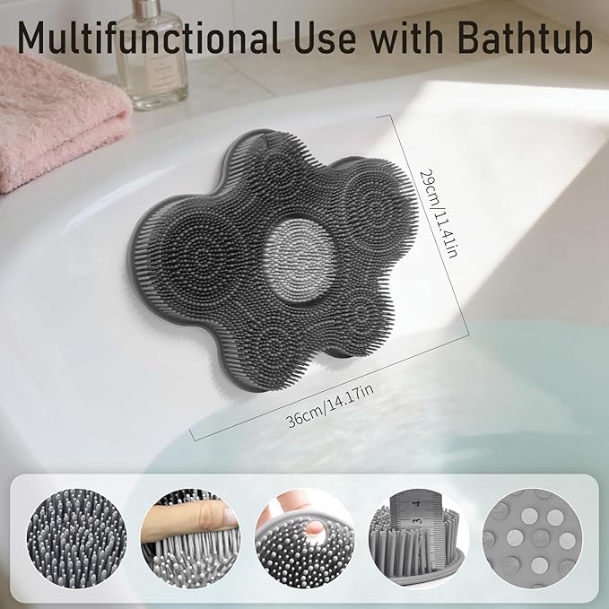 Shower Foot Scrubber Mat Silicone Back Exfoliating Cleaner, Feet Message Bath Washer Pad with Suction Cups for Wall Non-Slip - Itchy Toes Dead Skin Beauty Deep Clean Soft Bristles 14.2 * 11.2in Grey