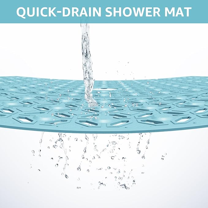 OTHWAY Square Shower Mat, 27"x 27" Extra Large Shower Mats for Inside Shower, TPE Anti Slip Shower mat with Suction Cups Drain Holes, Machine Washable Shower Floor Mat (Blue)