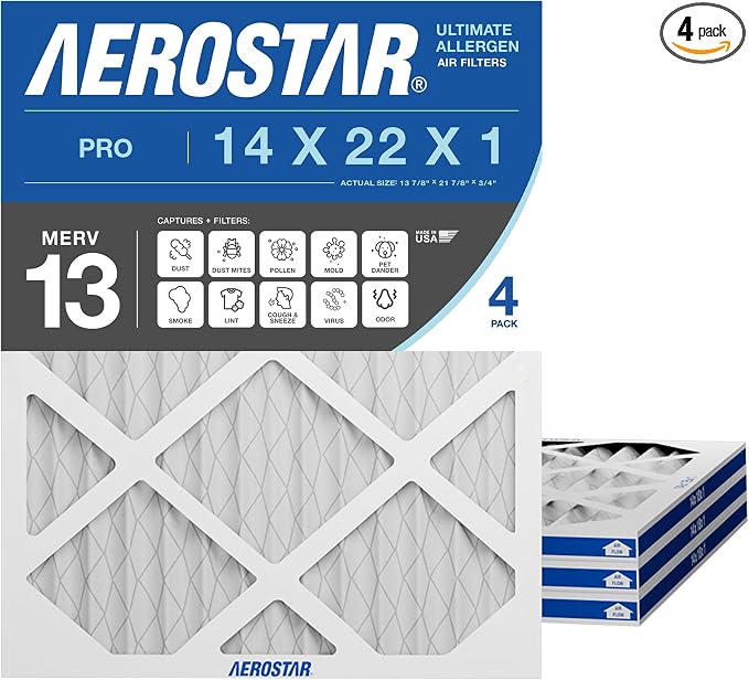 Aerostar 14x22x1 MERV 13 High Efficiency Pleated Air Filter, Electrostatic AC by AirFiltersDelivered