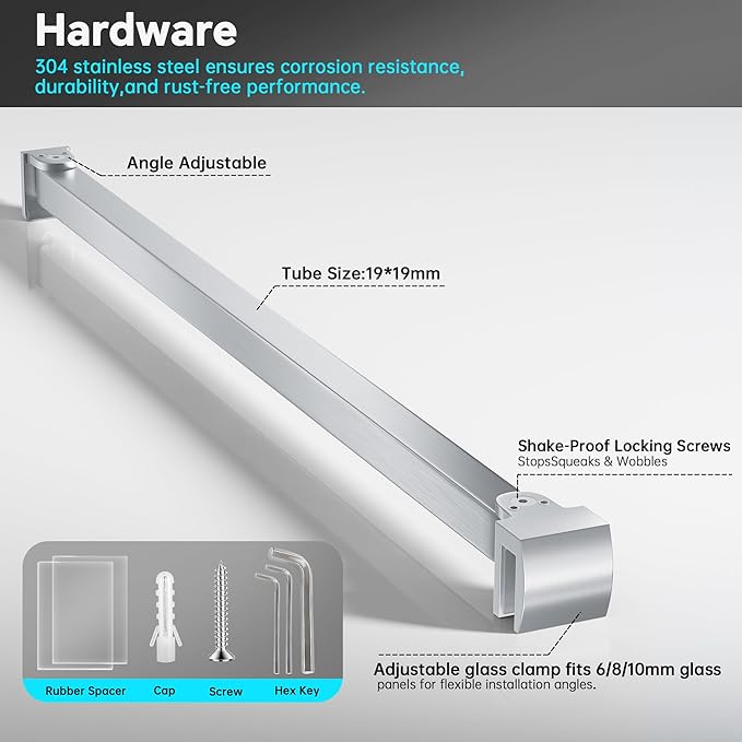 Frameless Shower Door Support Bar, Stainless Steel Wall-to-Glass Support Arm to Fixed Shower Glass Panel, for 1/4"-3/8" (6-10 mm) Door, 180° Pivot & Stow-Flat Mode (Brushed Nickel, 35.4-inch(900mm))