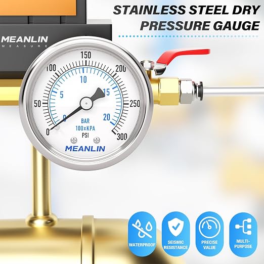 MEANLIN MEASURE 0~300Psi Dry Pressure Gauge Stainless Steel 1/8" NPT 2" FACE - Image 7