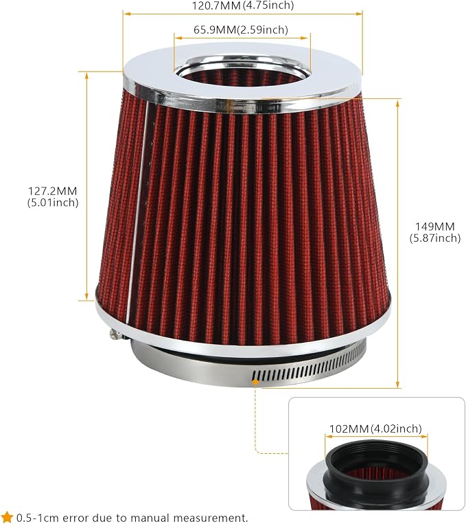 PTNHZ Universal Red 4" 102mm High Flow Cold Air Intake Cone Air Filter Power - Image 4
