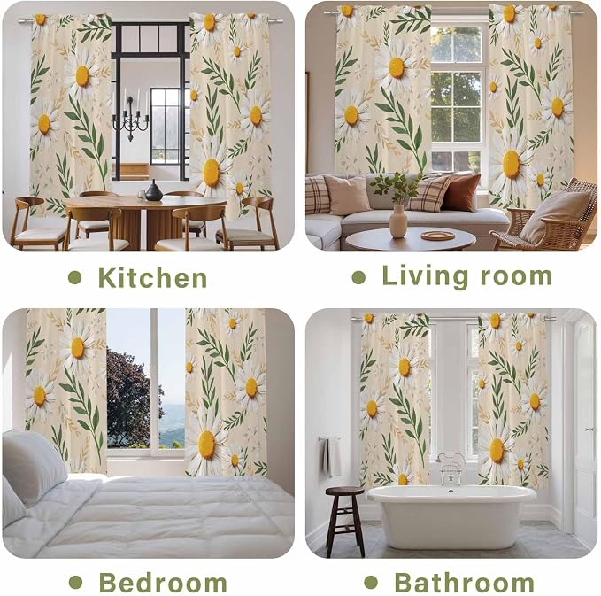 Spring Daisy Kitchen Curtains, Country Watercolor Flower Leaf Plant Light - Image 8