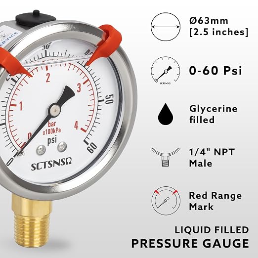 0 to 60 Psi Pressure Gauge, Glycerin Liquid Filled, 2.5 inch Dial, 1/4" NPT - Image 2