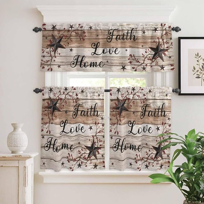 Kitchen Curtains Tiers and Valance Set of 3, Rustic Star Brown Light Filtering - Image 2