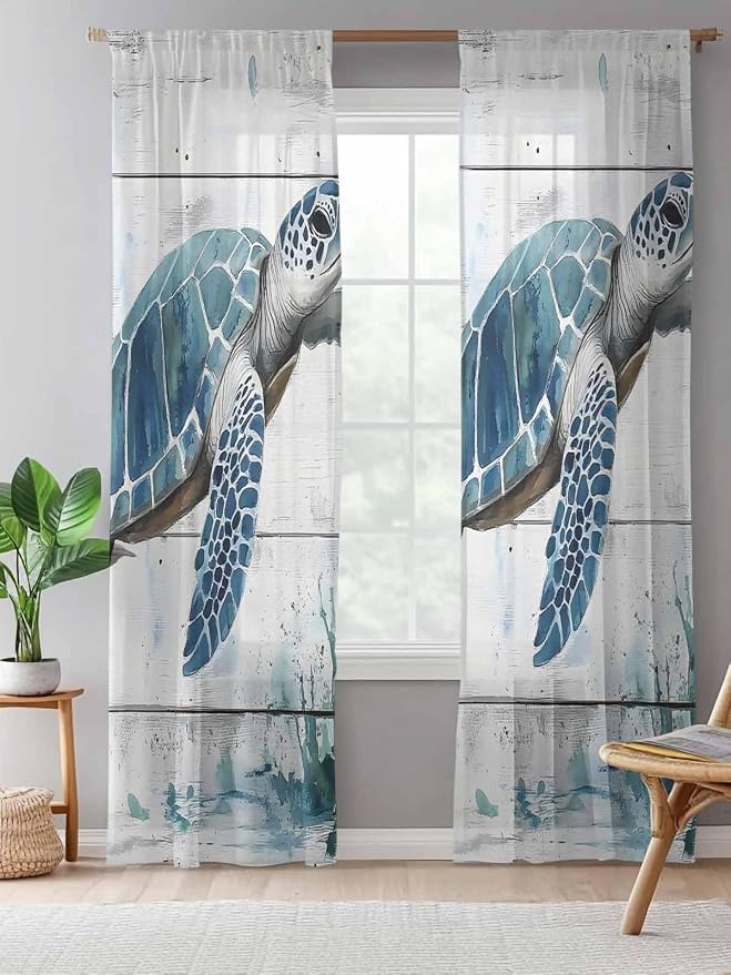 Sheer Curtains 108 Inches Long, Teal Green Sea Turtle Semi Sheer Curtains Light - Image 5