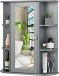 COSTWAY Wall Mounted Bathroom Cabinet - Storage Organizer with Mirror Door, Adjustable Shelves & 6 Open Racks, Space-Saving Hanging Medicine Cabinet for Living Room Kitchen Entryway (Gray)