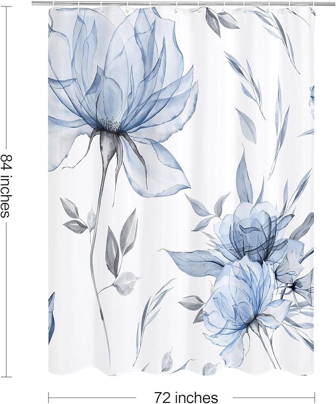 Extra Long Boho Watercolor Floral Shower Curtain 72 x 84, Blue and Grey Ink Painting Style Flower Shower Curtains for Chic Elegant Bathroom, Artistic XL Fabric Cloth Shower Curtain