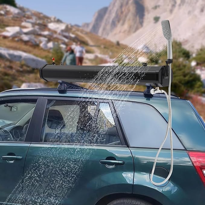 TFCFL 7.93 Gallon Roof Rack Mount Road Shower, High Pressure Outdoor Camping Shower with Long Hose, Portable Camping Solar Shower for Camping, Hiking, Beach, Pet & Gear Cleaning, Black