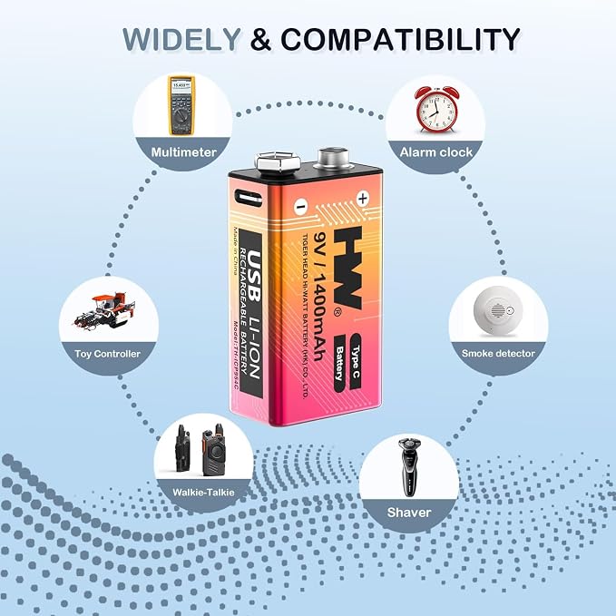 HW 9 Volt Batteries 4 Pack, 1400mAh Rechargeable Lithium Battery 9V - Image 3