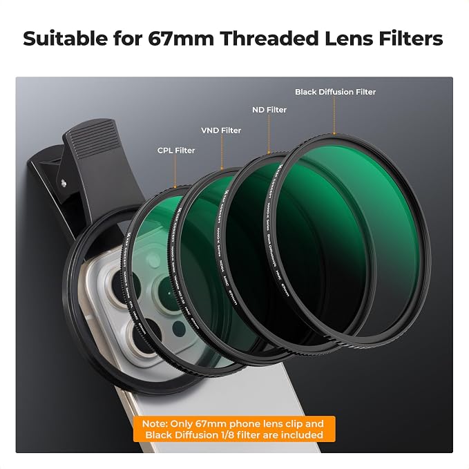 K&F CONCEPT 67mm Clip-on Black Diffusion 1/8 Phone Camera Lens Filter Kit - Image 4