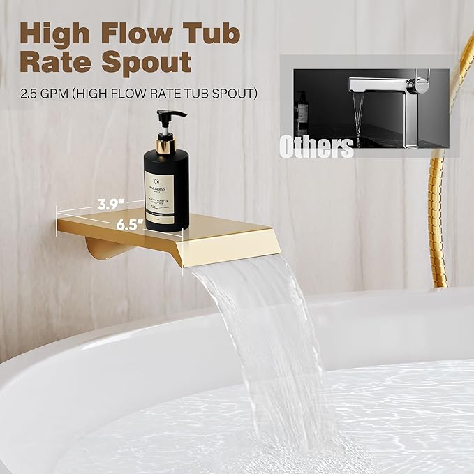 Shower System with Tub Spout, All Metal Tub Shower Faucet Set with 12-Inch Rain Shower Head and Handheld Spray combo, Wall Mounted Shower Combo Set with shower valve and Trim kit,Brushed Gold