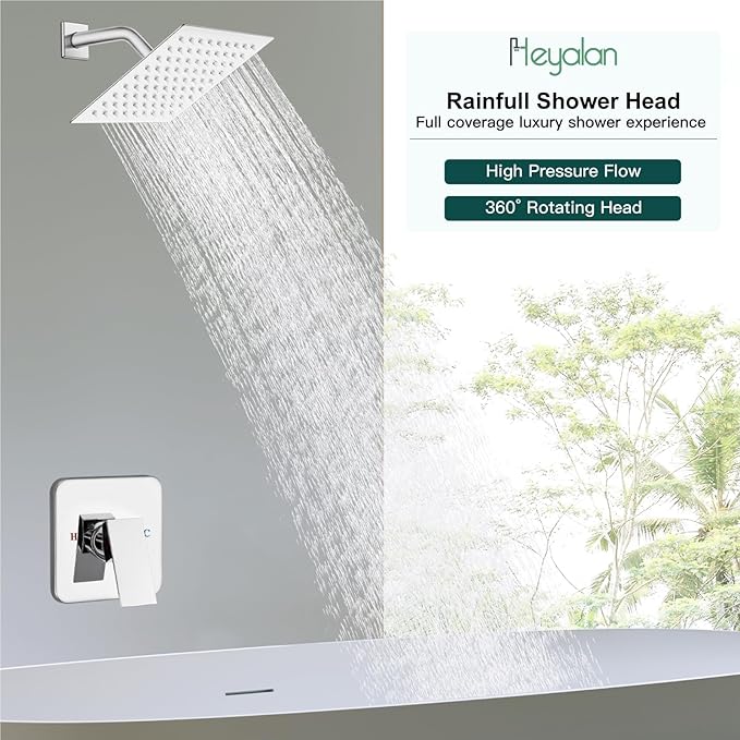Heyalan 8 Inch Shower Head and Handle Set Square Shower Faucet Set Bathroom Rainfall Shower System Stainless Steel Showerhead Single Function Shower Trim Kit,Female Thread Valve,Polished Chrome