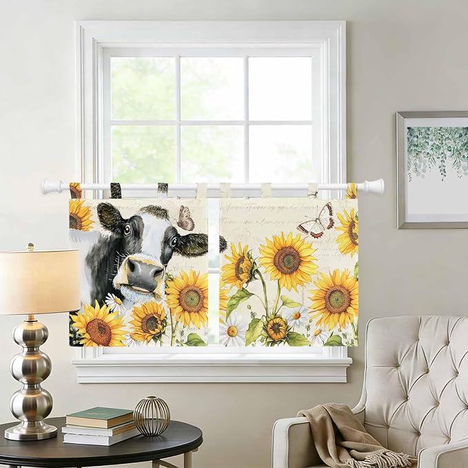 Yellow Sunflowers Kitchen Curtains 36 Inch Length, Small Window Curtains Tab Top - Image 2
