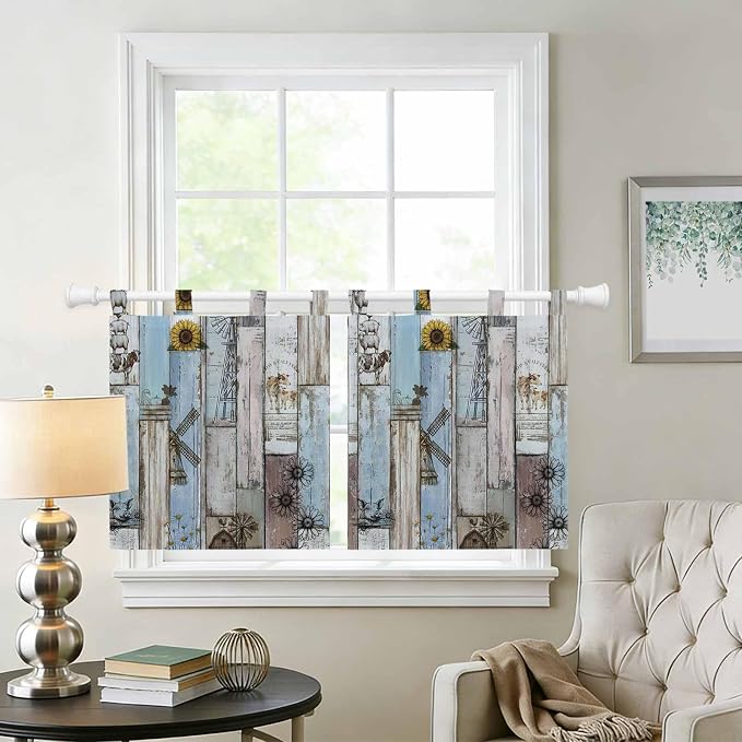 Blue Grey Wooden Kitchen Curtains 36 Inch Length, Small Window Curtains Tab Top - Image 2