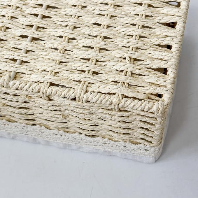 4-Pack Handmade Beige Woven Paper Rope Storage Baskets with Inner Handles & Removable Liners, Rectangular Organizers for Drawers, Shelves & Closets, Decorative Small Storage Bins