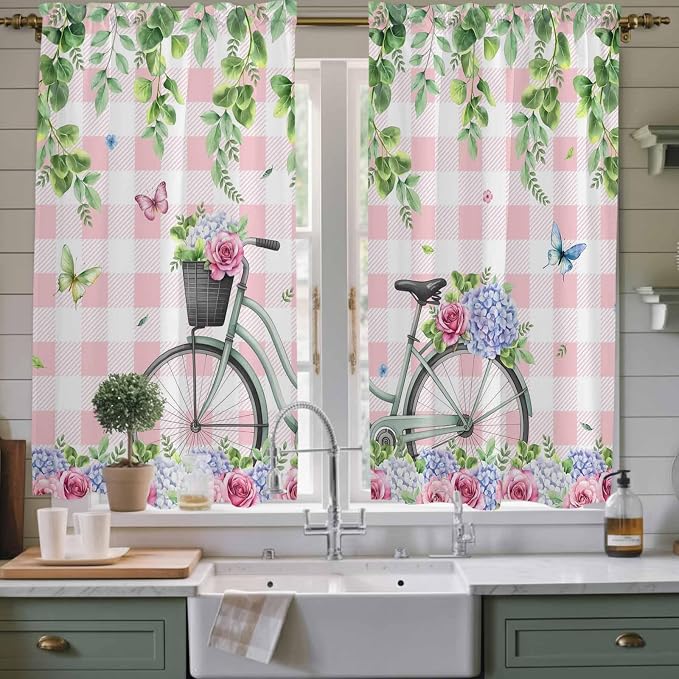 Spring Kitchen Curtains, Bicycles Leaves Butterfly Flowers Pink Buffalo Plaid - Image 2