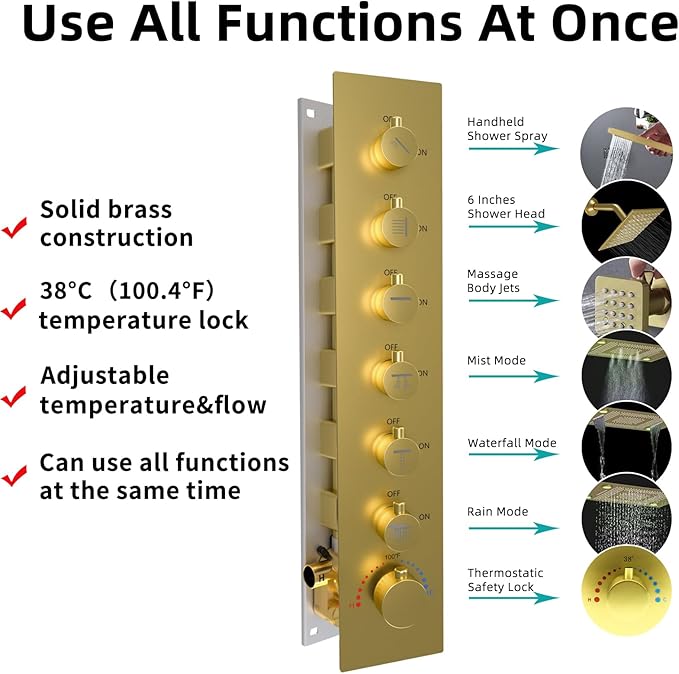 24x32 LED Dual Head Shower System 24"x32" Ceiling Mount Shower Head Thermostatic Shower System Rainfall Shower Set with 6 Inches Shower Head and 6 Body Jets High Pressure Shower Handheld
