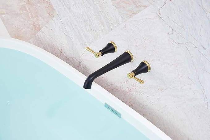 SITGES Polished Gold and Black Wall Mount Bathtub Faucet with Two Level Handles,10.5" Spout Reach Solid Brass High Flow Wall Tub Filler,Rough-in Valve Included