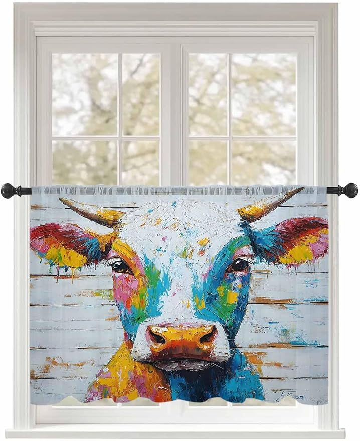Sheer Curtains 45 Inch Length, Funny Colorful Cow Semi Sheer Curtains Light by Unknown