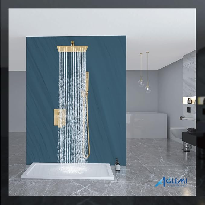 Aolemi Shower Faucet Set Rain Shower System with Handheld Spray Bathroom Shower Combo Rough-in Valve and Shower Trim Kit Included Brushed Gold 12 Inch Wall Mount Shower Head