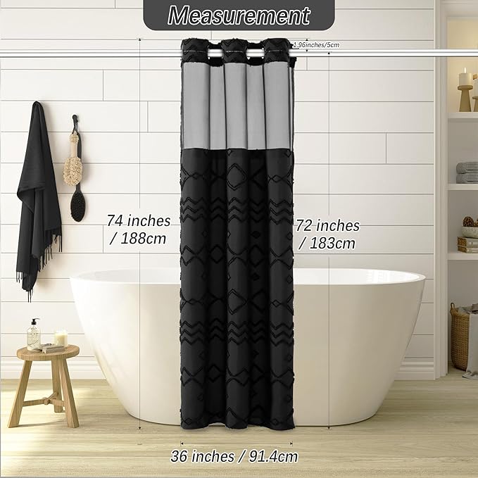 No Hooks Stall Shower Curtain with Snap in Liner- Water Repellent Tufted Chevron Striped Shower Curtains for Bath Tubs, Narrow Hotel Quality Bath Curtain Set, 36Wx74H, Black