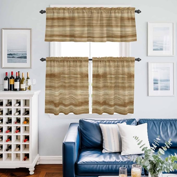 Kitchen Curtains Tiers and Valance Set of 3, Light Brown Wood Grain Light - Image 6