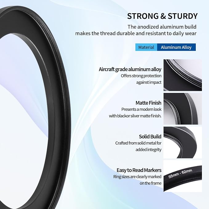 55-62mm Step-Up Ring Adapter, 55mm to 62mm Step Up Filter Ring - Image 5