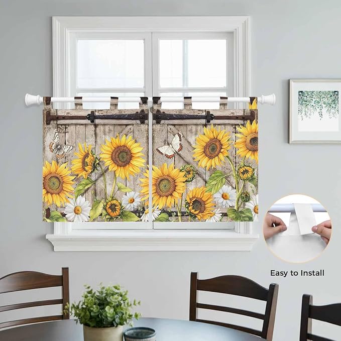 Farmhouse Sunflowers Kitchen Curtains 24 Inch Length, Small Window Curtains Tab - Image 4