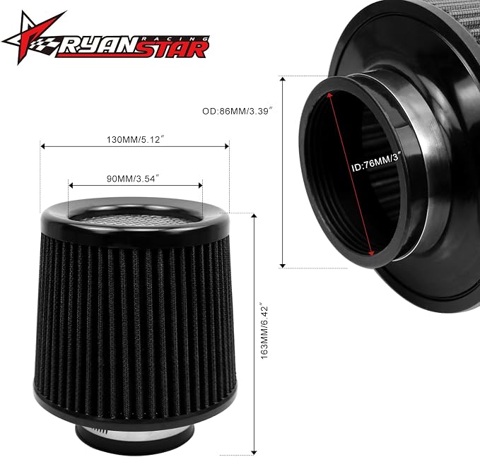RYANSTAR 76mm 3" High Flow Round Tapered Cone Cool Air Filter Cleaner - Image 2