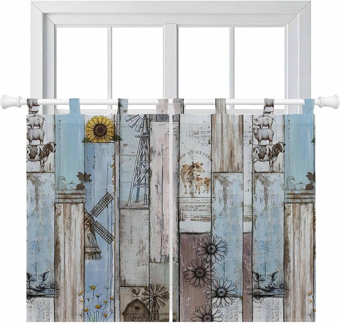 Blue Grey Wooden Kitchen Curtains 45 Inch Length, Short Cafe Window Curtains by Unknown