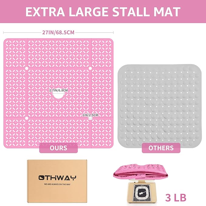 OTHWAY Square Shower Mat, 27"x 27" Extra Large Shower Mats for Inside Shower, TPE Anti Slip Shower mat with Suction Cups Drain Holes, Machine Washable Shower Floor Mat (Pink)