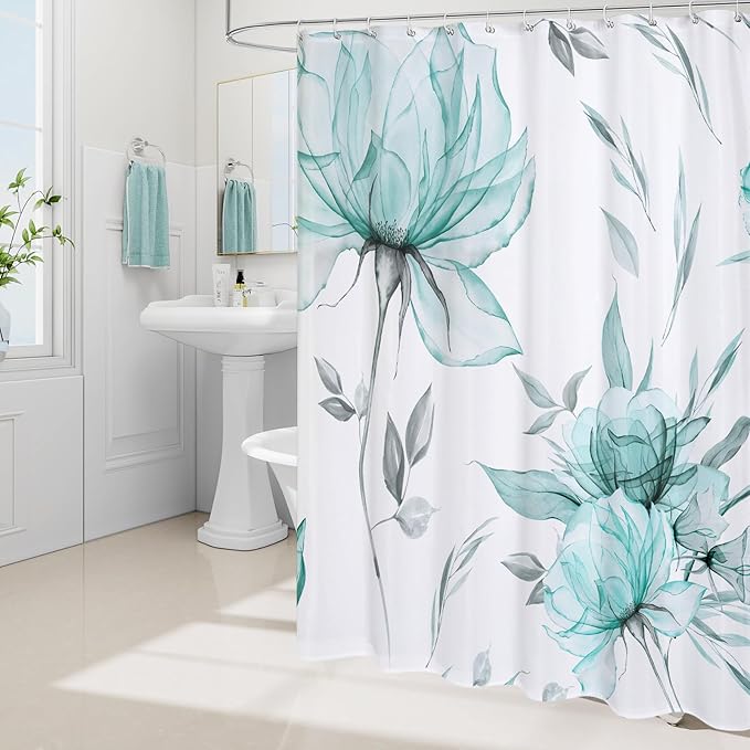Small Stall Boho Watercolor Floral Shower Curtain 36 x 72, Teal Blue and Grey Ink Painting Style Flower Shower Curtains for Chic Elegant Bathroom, Artistic Narrow Half Size Shower Curtain