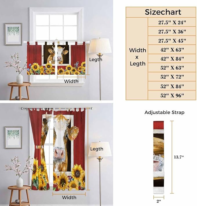 Cows Sunflowers Bedroom Curtains 63 Inch Length, Window Curtains Tab Top - Image 8