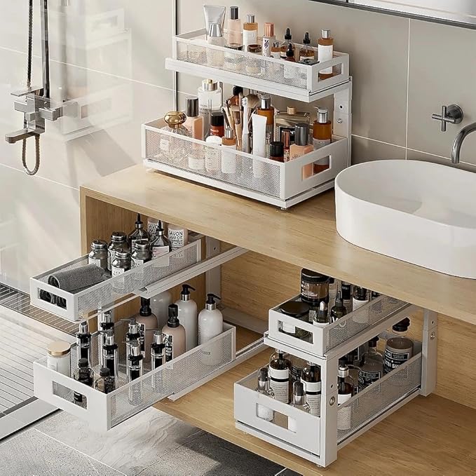 2 Pack 18.5IN-Depth Under Sink Organizer With Next-Gen Ball-Bearing Slides,2-Tier Pull Out Cabinet Storage,Height Adjustable Drawer Shelf for Bathroom,Kitchen,Laundry,Cabinet,Pantry-White