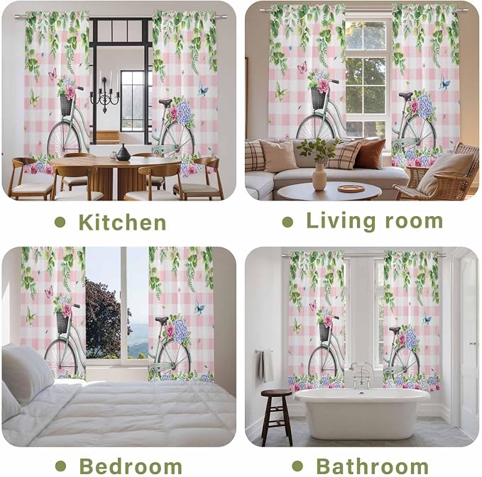 Spring Kitchen Curtains, Bicycles Leaves Butterfly Flowers Pink Buffalo Plaid - Image 8