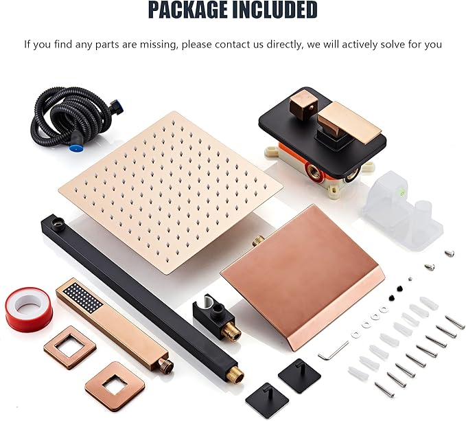 Shower Faucet Set with Tub Spout, Matte Black and Rose Gold Rainfall Shower System Complete Wall Mounted for Bathroom with 10 Inch Square Shower Head and Handheld Shower Head Rain Mixer Combo
