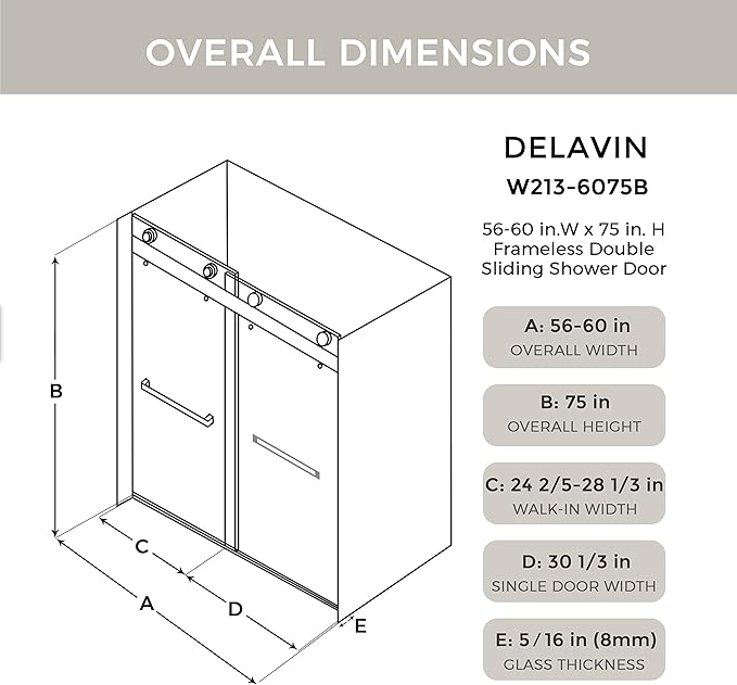 DELAVIN 56"-60"W x 75"H Frameless Shower Door, Double Sliding Shower Door, 5/16"(8mm) Clear Tempered Glass, Noiseless Shatterproof Shower Door with Square Rail, Stainless Steel, Aluminum, Matte Black